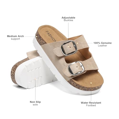 Platform Sandals Women With Cork Footbed, Non Slip On Slides With Adjustable Double Buckle, Open Toe Summer Chunky Shoes With Memory Foam Insole Wedge3