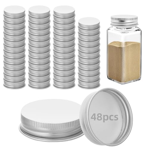48 Pcs Silver iron Jar Lids Lids for 4 oz and 6 oz Square Spice Jars Reusable Can Airtight Spice Storage Canning Lids for Nice Sealing Kitchen (48)