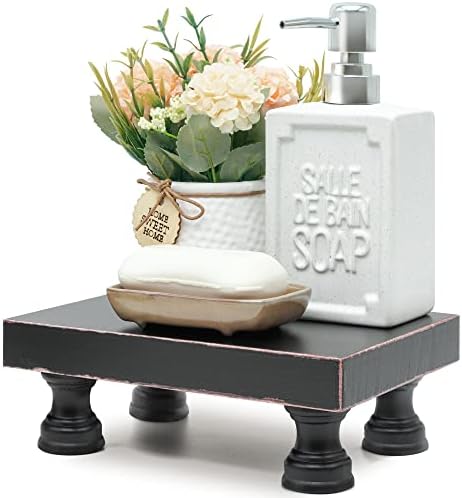 EOSAHR Modern Pedestal Stand for Kitchen Decor : Decorative Wood Riser for Display and Farmhouse Soap Dispenser Tray and Sponge Holder - Retro Countertop Organizer for Counter and Sink (Black)