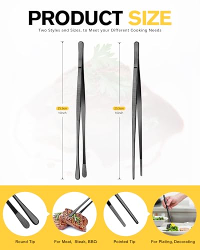 2 Pcs 10-Inch Kitchen Tweezers Fine Tweezer Tongs, Stainless Steel Professional Long Cooking Tweezers for BBQ, Sea Food, Repairing and Serving (BLACK) - Image 3