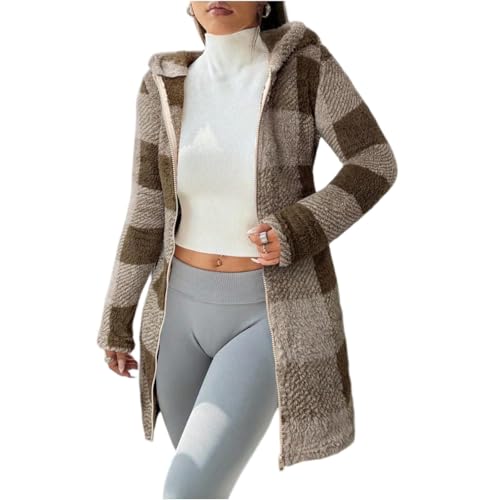 Chaqueta a cuadros para mujer, ajustada, larga, sudadera con capucha, bonita sudadera de gran tamaño con cremallera, manga larga, forro polar mullido con bolsillos, café, M