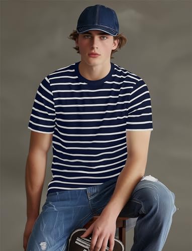 Zengjo Mens Striped T-Shirt Short Sleeve Crewneck Classic Horizontal Stripe Tee Top2