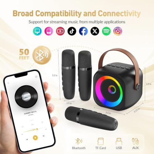 Image of Mini Karaoke Machine, Portable Bluetooth Karaoke Speaker with 3 Wireless Microphones and Party Lights for Kids and Adults, Birthday Gifts for Girls Boys Family Home Party