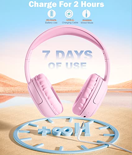 Nabevi Kids Headphones, Over-Ear Headphones Bluetooth Wireless Kids with Mic, 85/93dB Volume Limited, Stereo Sound, Wired Inline AUX Cord Headphones for Children Boy Girl Teens, Pink - Image 6