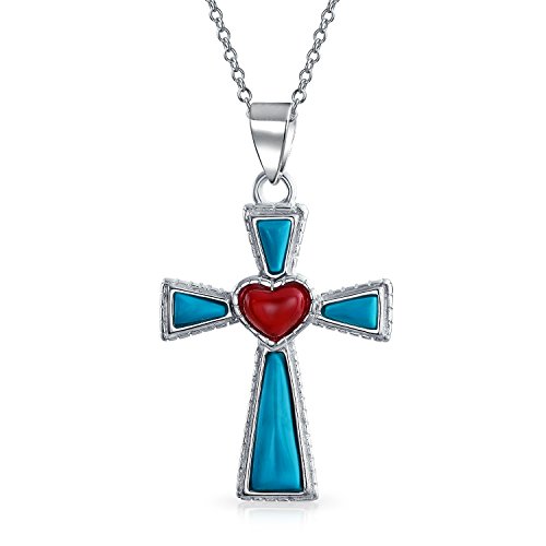 Bling Jewelry South Western Style Gemstone Created Blue Lapis Lazuli Red Heart Cross Pendant Religious .925 Sterling Silver Necklace For Women Teen