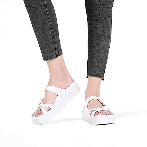 Image of TIKVAW Womens Arch Support Platform Sandals Comfort Slides Thick Soles Flat Sandals With Adjustable Buckle & Ultra Cushion
