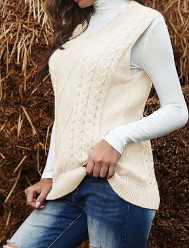 Image of Women's Sweater Vest,Long Cable Loose Knitted Sleeveless V Neck Casual Sweaters Tank Top S~XL