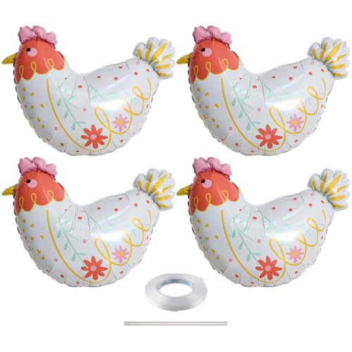 4Pcs Cute Chicken Balloons 23 Inch Large Farm Animal Balloons White Aluminum Foil Chicken Party Decorations for Birthday Baby Shower Farm Animal Theme Party Decorations Supplies