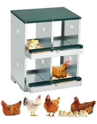 GarveeLife Chicken Nesting Box, 4 Compartments Nesting Box for Chickens, Two-Tier Galvanized Steel Chicken Egg Laying Box with Large Vented Holes Wall Mounting for Easy Egg Collection