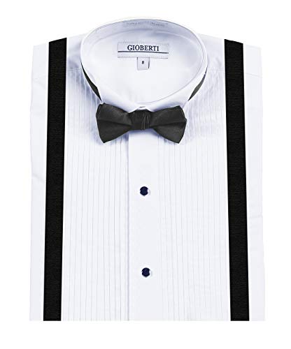 Gioberti Boy's Wing Tip Collar White Tuxedo Dress Shirt With Bow Tie & Suspenders And Metal Studs, White, Size 5 #TOP1