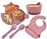Baogaier Kinderteller Sets Baby Geschirr Silikon Rosa, 5er Set Rutschfest Unterteilt Teller Schüssel mit Saugnapf Gabel Löffel Lätzchen BPA Frei Essen Set für Kleinkinder Kinder Mädchen