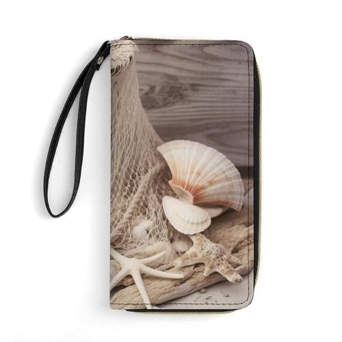 Womens Leather Wallets with Wristlet Strap Coastal Fishing Net Shell Wallet for Women Card Phone Holder Ladies Purse