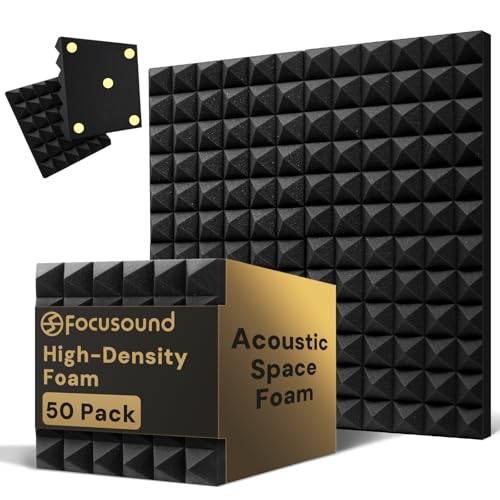Focusound Acoustic Panels 50 Pack 2'x12'x12' with 300 PCS Double-Side Adhesive - Sound Proof Pyramid...