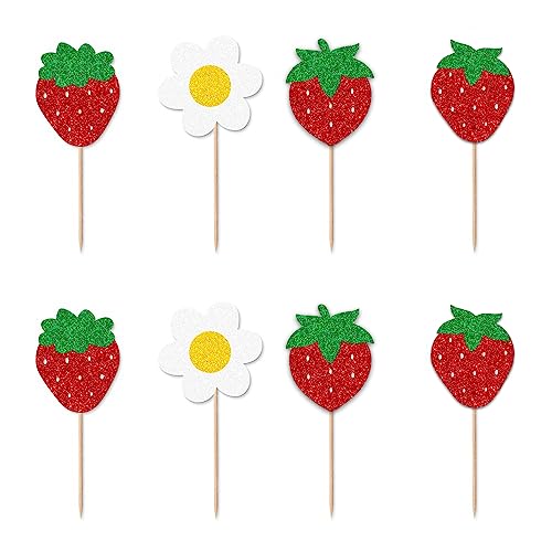 TSJ 16PCS Strawberry Cupcake Toppers Glitter Cupcake Picks Fruit Sticks Cake Decoration for Strawberry Theme Party Baby Shower