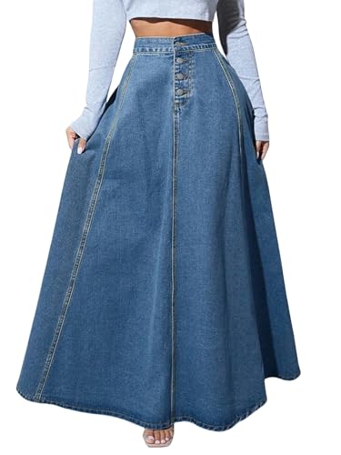 Women Denim a Line Single Breasted High Waist Jeans Vintage Maxi Simple Casual Elegant Splice Long Skirt (Dark Blue,Small)