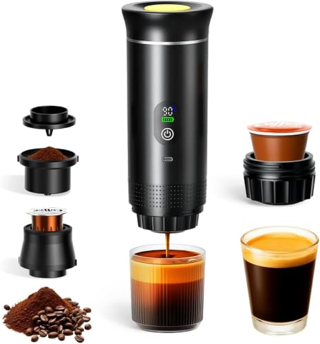 Tragbare Espressomaschine 3-in-1 Mini Kaffeemaschine mit Akku & Selbstheizung Portable Espresso Machine USB Wiederaufladbar Kompatibel mit Kapseln Gemahlenem Kaffee fürAuto Camping Reisen & Büro