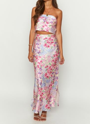 Aonoapll Women Satin 2 Piece Maxi Skirt Set Floral Tube Top and Side Slit Midi Skirt Set Y2k Summer Long Skirts Outfits3