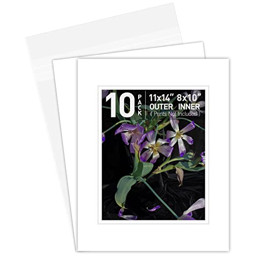 Golden State Art, Double Picture Mats with White Core Bevel Cut for 8X10 Photo Pictures (Mats, Backing, Clear Bags Included), White Over White, 11x14-10 Pack (Double Mat)