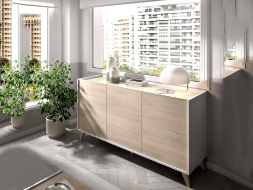 Dmora - Buffet Salon Moderne 3 Portes 155x43h75 cm Chêne Blanc
