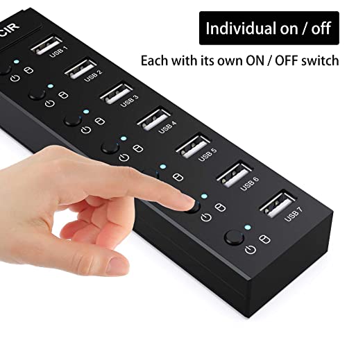 Mfcir-Powered-USB-Hub-7-Port-USB-Data-20-Hub-Multi-Port-USB-Splitter-with-Individual-OnOff-Switches-and-5V2A-Power-Adapter-Charging-USB-Extension-Multiple-for-MacBookLaptopPCComputer