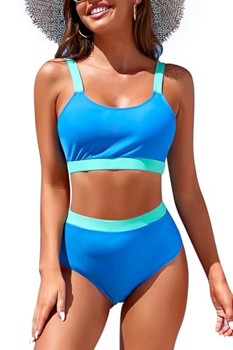 Image of Womens High Waisted Bikini Sets Sporty Crop Top Color Block Swimwear Bandeau Scoop Neck Vintage Two Piece Bathing Suits