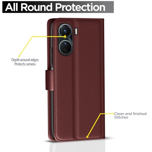 Image of Pikkme Vivo Y16 Flip Case Leather Finish | Inside TPU with Card Pockets | Wallet Stand and Shock Proof | Magnetic Closing | Complete Protection Flip Cover (Brown)