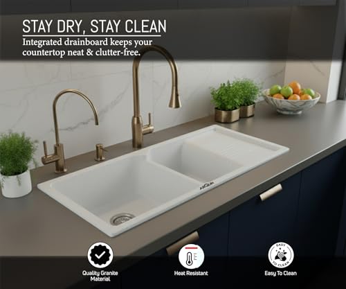 Image of ARQUIN Double Bowl with Drainboard Quartz Kitchen Sink 45x20x9 Inch Sand Pluto | Undermount,Topmount | Including Coupling,Sink Connector,Waste Pipe & Fruit Washing Basket