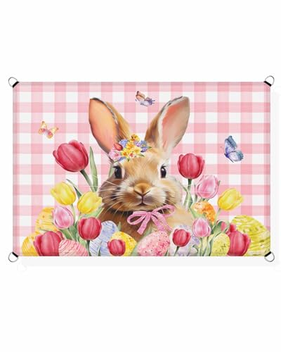 Boanket Sun Shade Sail 8' x 10', Pink Bunny Easter Rectangular Waterproof Outdoor Sun Shades, Spring Floral Tulip Eggs Butterfly Plaid Shade Cloth for Patio Deck Terrace Garden Lawns Beach Backyard