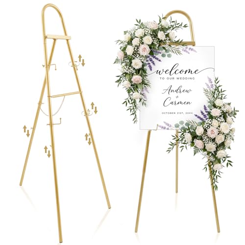 42"-63" Adjustable Gold Easel Stand for Sign Heavy Duty Metal Easel with 4 Display Modes 360° Rotating Hooks 4-tier Adjustable Display Stand for Wedding Welcome Sign, Art, Poster, Picture(Classic) by Novabright - Used condition - US$33.35