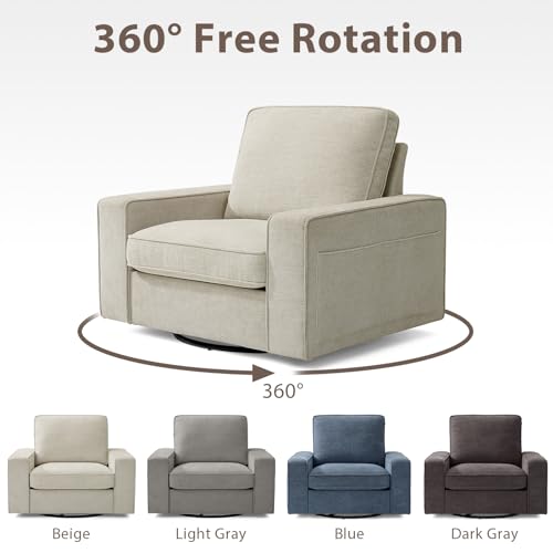 TEKAMON Swivel Accent Chair, Oversized Swivel Single Sofa Chair, Modern Chenille Fabric Barrel Armchair for Living Room/Office with Extra Wide Armrests, Washable Covers, 360° Rotation (Beige)