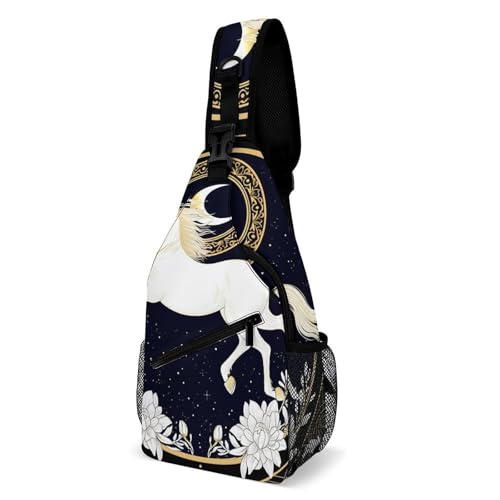 Men & Women Sling Shoulder Backpack Running White Horse Starry Sky Flowers Elegant Art Outdoor Sport Daypack Travel Bag - Multipurpose Anti-Theft Tote Bags, Durable Crossbody Shoulder Bag