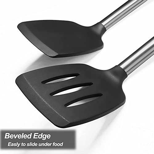 Silicone Spatulas Turners, Solid & Slotted Silicone Spatula Set, Non Stick Turners,Ailsoes Heat Resistant Bpa Free Rubber Spatulas For Fish, Eggs, Pancakes, Wok，2 Pack (Black) #TOP2