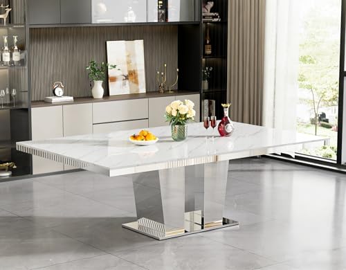 Image of 9-Piece Extendable Dining Table Set for 8, Modern 63 inch-94 inch White Faux Marble Expandable Kitchen Table Set with 8 Velvet Chairs, Large Extendable Dining Room Tables with Mirrored Columnar Base