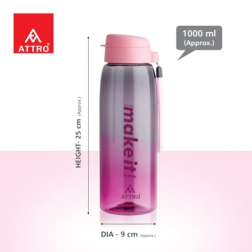 Image of ATTRO Sip Star Plastic Water Bottle - 1000ml, Pink, BPA Free, Leak-Proof, Durable Sports & Travel Bottle, Ideal for Gym, Office, School, Outdoor & Daily Use