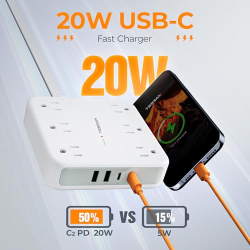Flat Plug Extension Cord Indoor, TESSAN Surge Protector Power Bar with 4 USB (2 USB C), Power Strip with 6 Multi Plug Outlets, 1250W, Charging Station Wall Mount for Dorm Room Home image 6
