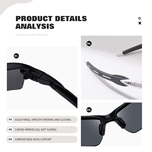 Masdun Polarized Sports Sunglasses For Men Women Half-Frame Riding Sunglasses Baseball Fishing Cycling Running Golf Shades (Black/Grey-White/Transparent) #TOP6