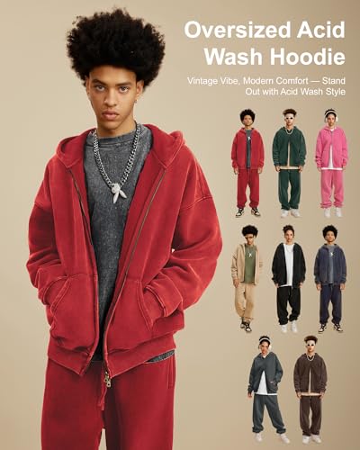 Mens Oversized Double Zip Up Hoodie Acid Wash Heavyweight Cotton Fleece Lined Vintage Hoodie for Women4