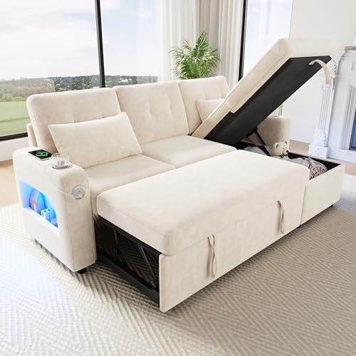 Yihomfy Canapé Convertible, Canapé d'angle en L, Canape Lit 3 Places Convertible avec Compartiment de Rangement, Porte-gobelet,USB, Porte-Gobelets,Canapé d'angle...