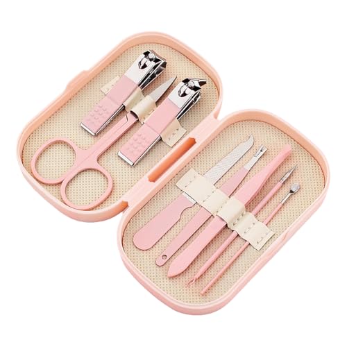 Set tagliaunghie da 8 pezzi, set tagliaunghie in acciaio inossidabile, può essere utilizzato per pulire le orecchie, tagliare le unghie, pulire i pori, tagliare le sopracciglia, set rosa