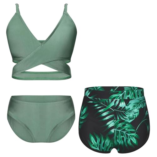 Big Girls 3 Pieces Bikini Sets Swim Bra Top Brief with Printed Shorts Beach Bathing Suits