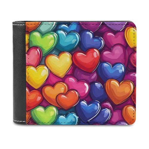 Rainbow Love Heart Bifold Wallet PU Leather Front Pocket Slim Credit Card Holder Coin Purse for Women Men