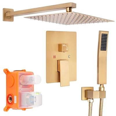 Brushed Gold Square Shower Head with Handheld Set, Rainfall Shower System Modern Wall Mounted Shower Faucet for Bathroom 10 inch (With Shower Valve)