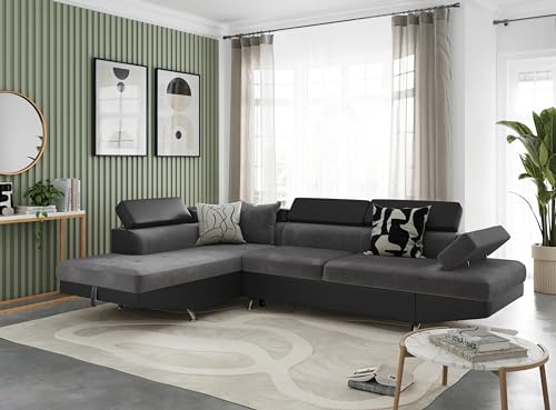 LOUNGITUDE - RIO - Canapé d'angle Droit- Convertible - 5 Places - Coffre - Têtières - Simili/Microfibre - Gris/Noir - L271cm