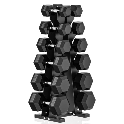Image of PAPABABE 150-600lb Dumbbell Set with Rack, Rubber Encased Home Gym | Antiroll Durable Cast Iron Core Odorless PVC Free Weights, with 5 /6 Tier Rack