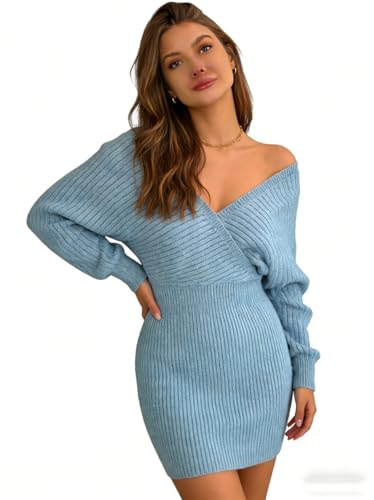 Image of Womens Batwing Long Sleeve Wrap V Neck Bodycon Sweater Dress Winter Cocktail Wedding Guest Dresses