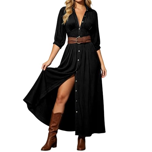 Image of Women's French Collar Casual Dress with Wrap Waist and Side Slit, Long Sleeve Loose Fit Flowy Chiffon Dress for Elegant Daily Wear or Office (Black, XL)