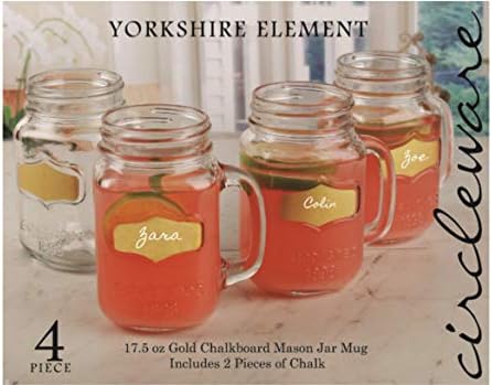 Circleware Yorkshire Mason Jar Mugs with Chalkboard and Handle, Set of 4, Heavy Base Fun Entertainment Glassware Drinking Glass Beverage Cups for Water, Beer, Whiskey Bar Decor, 17.5 ounce, Gold