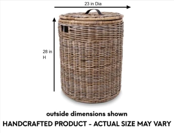 The Basket Lady Round Kubu Wicker Laundry Hamper, Extra Large, 23 in Dia x 28 in H, Serene Grey…