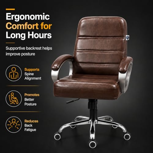 Image of Zen Executive Ergonomic Office Chair for Work from Home | Leatherette Revolving Chair with 360 Swivel, Chrome Base & Cushioned Seat (Brown, Mid Back)