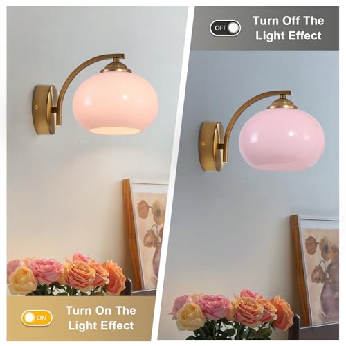 Image of Mid Century Modern Wall Sconce Light Fixture Pink Glass Wall Sconce Lamp Brass Gold Wall Lighting Hardwired Globe Wall Lamp Vintage Bathroom Vanity Light Fixtures